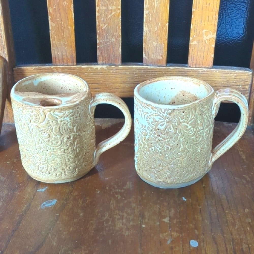 Handmade His And Hers Stoneware Pottery Mugs Mustache Cup Set
